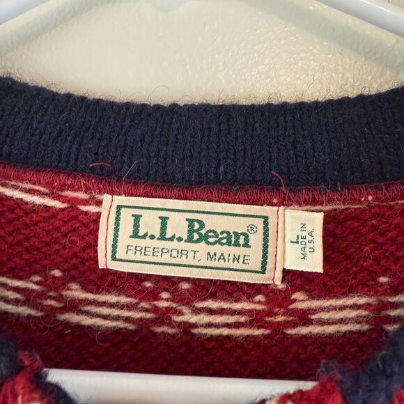 L.L. Bean Sweater Button Up Fair Isle Cardigan Women’s Large Merino Wool Red USA - Picture 2 of 10